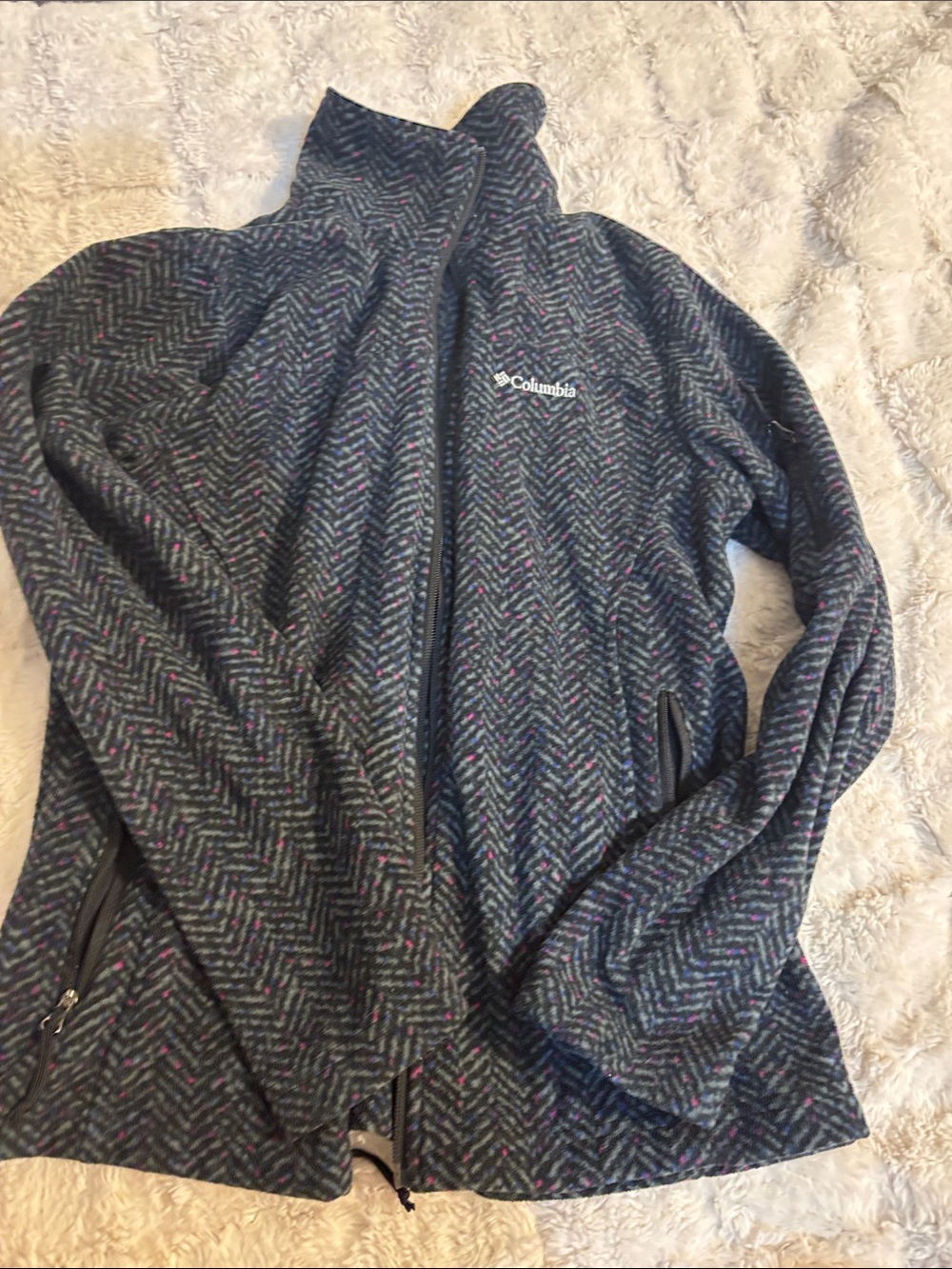 Columbia Women's Dark Navy Herringbone Zip fleece with Pink Flecks